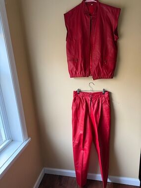 Rad 80s Red Leather Two-Piece Women's Pants & Vest Set